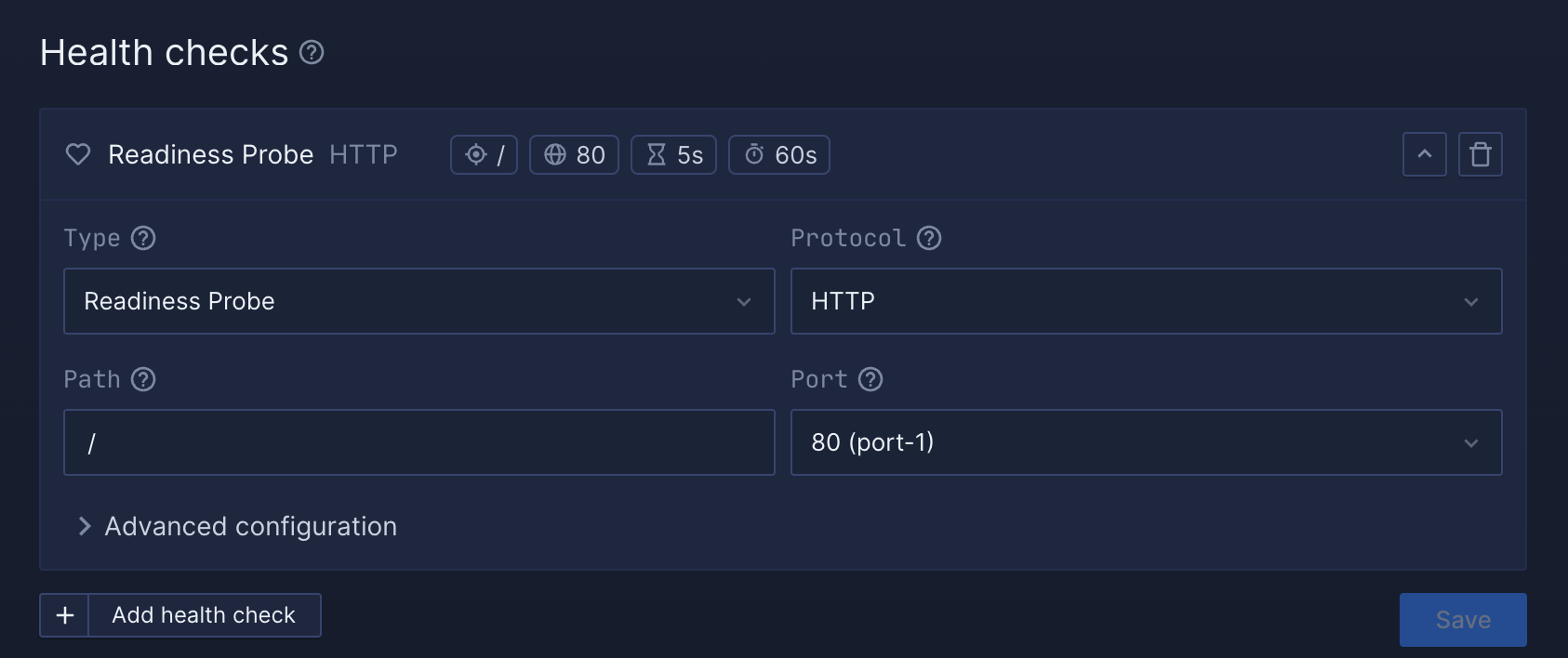 Screenshot of Northflank health check configuration